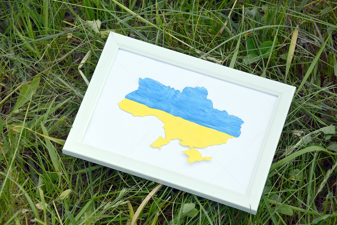 Quadro com contorno da ucrânia sobre fundo gramado