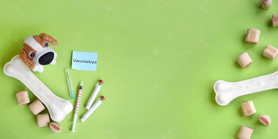 Petisco e guloseimas para cães seringa tubo coletor conceito de vacinação sobre fundo verde