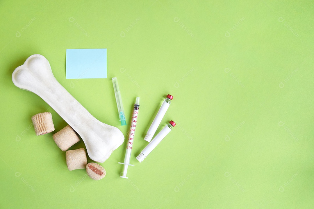 Petisco e guloseimas para cães seringa tubo coletor conceito de vacinação sobre fundo verde