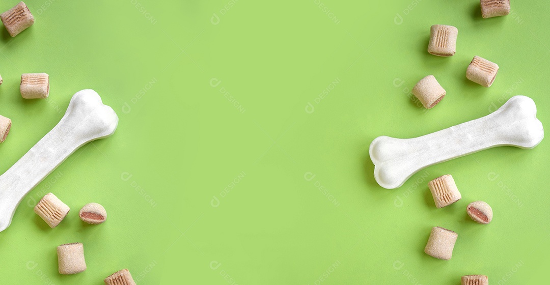 Petisco e guloseimas para cães sobre fundo verde