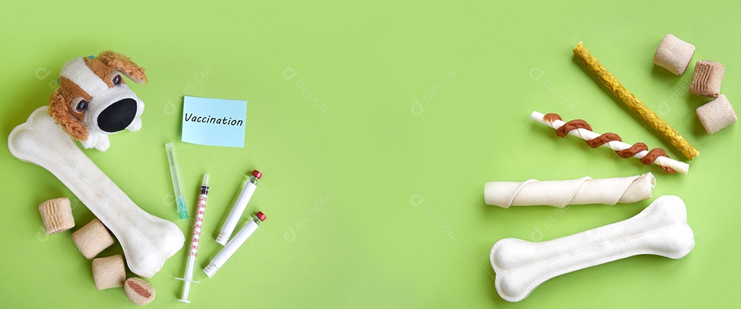 Petisco e guloseimas para cães seringa tubo coletor conceito de vacinação sobre fundo verde