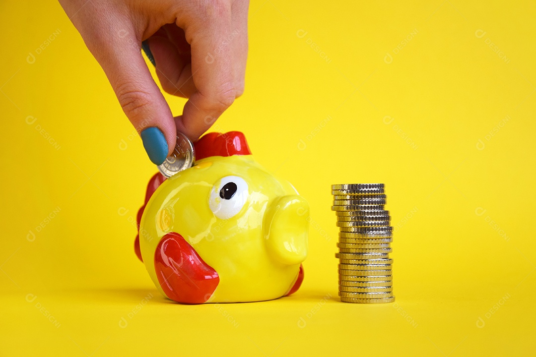 Pilha de moedas ao lado cofre de peixe