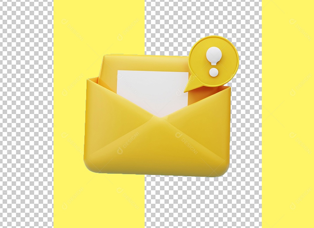 Email Envelope Amarelo Aberto com Ícone de Exclamação Elemento 3D para Composição PSD