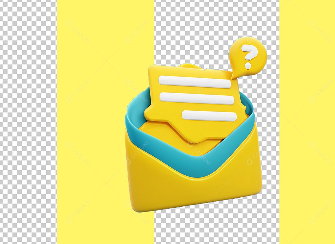 Email Envelope Amarelo Aberto com Ícone de Interrogação Elemento 3D para Composição PSD