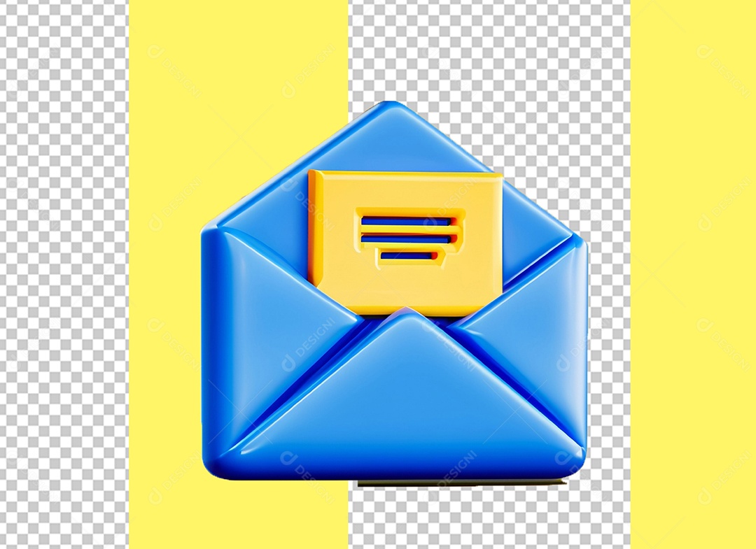 Elemento 3D Envelope Aberto Mensagem Email Azul para Composição PSD