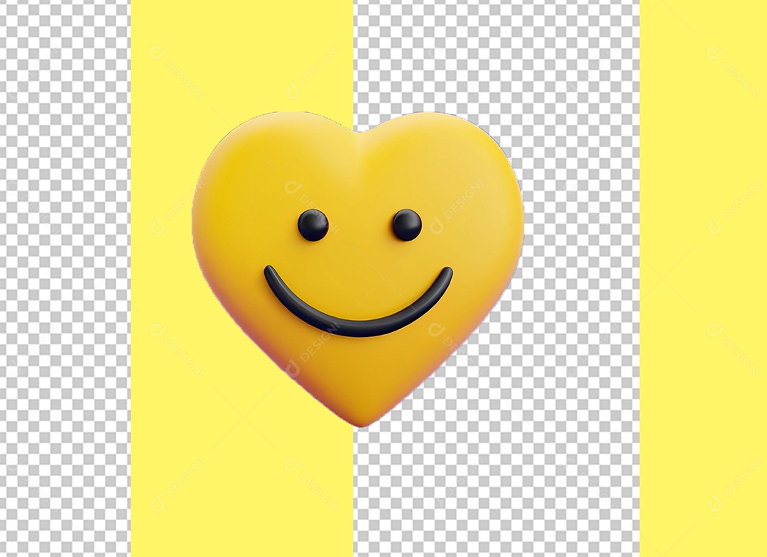 Coração Elemento 3D Amarelo Sorrindo Alegre para Composição PSD