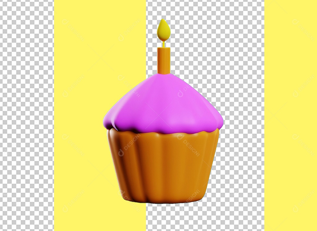 Elemento 3D Cupcake Bolinho Rosa e Marrom com Vela para Composição PSD
