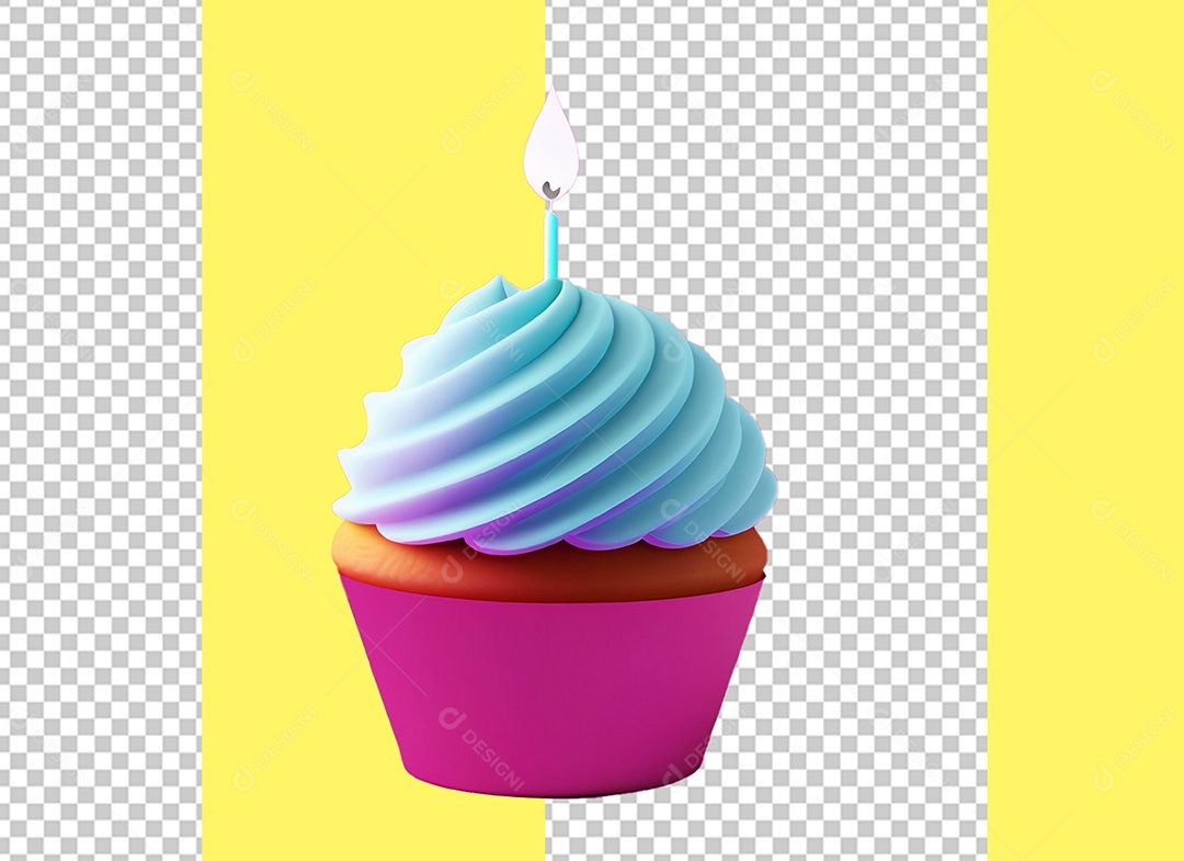 Elemento 3D Cupcake Bolinho Azul e Rosa com Vela para Composição PSD