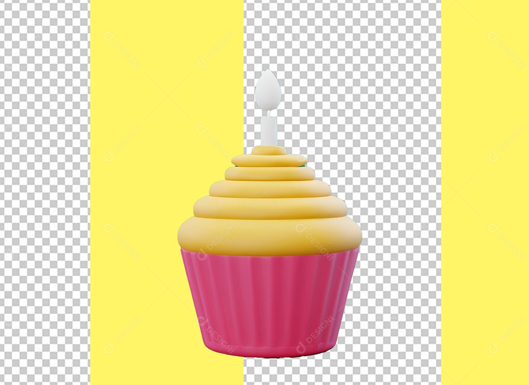 Cupcake Bolinho com Vela Amarelo e Rosa Elemento 3D para Composição PSD