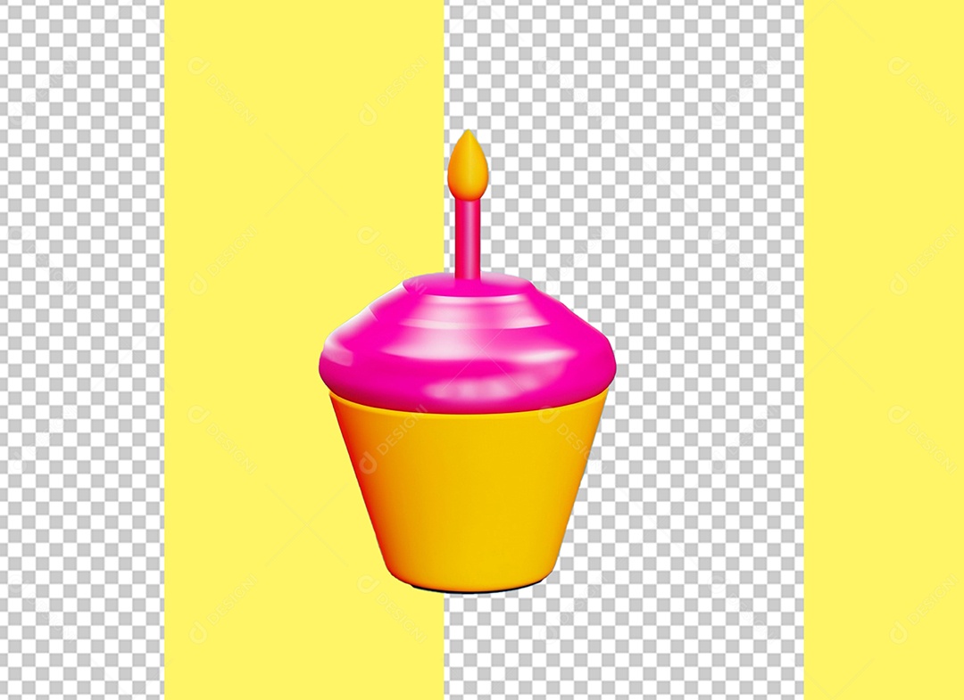 Cupcake Bolinho com Vela Rosa e Amarelo Elemento 3D para Composição PSD