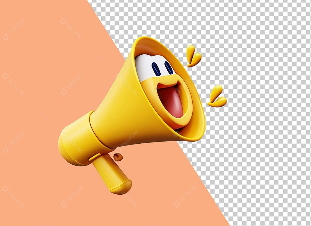 Megafone Amarelo com Emoji Sorridente Elemento 3D para Composição PSD