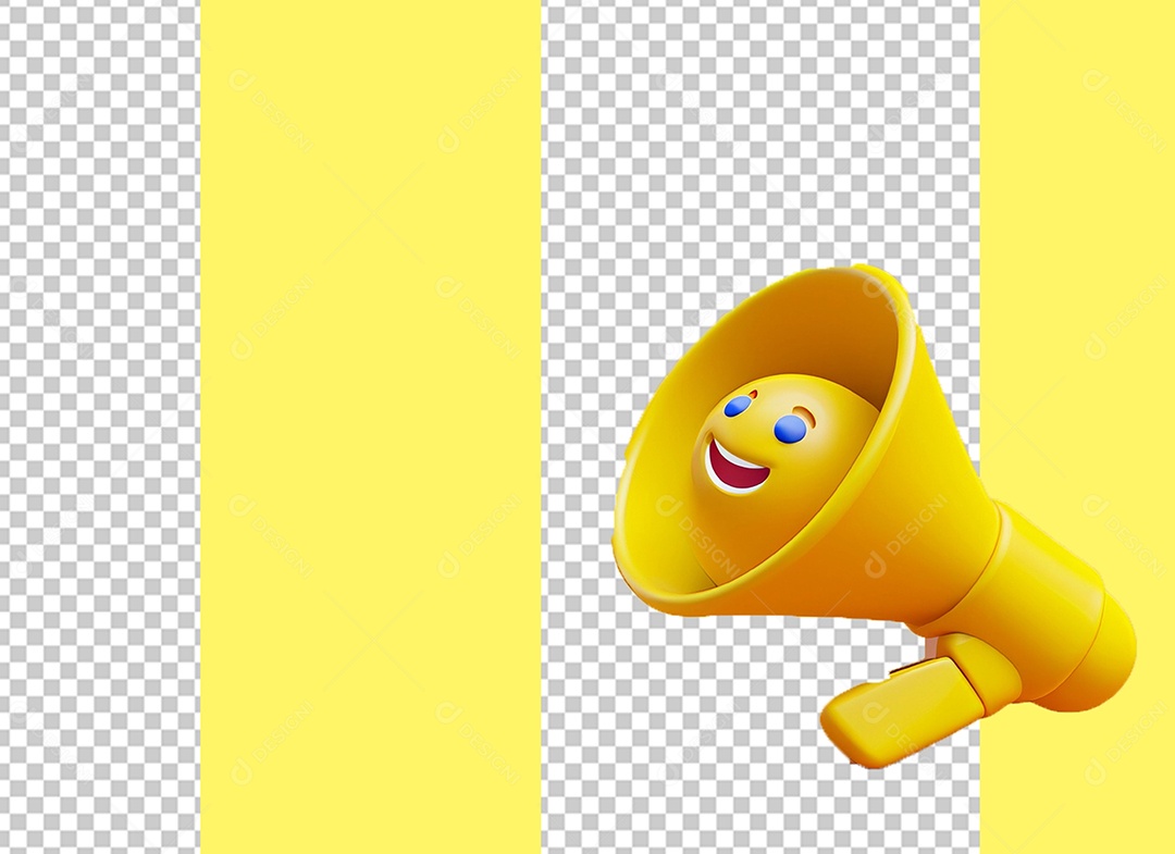 Megafone Amarelo com Emoji Sorridente Elemento 3D para Composição PSD