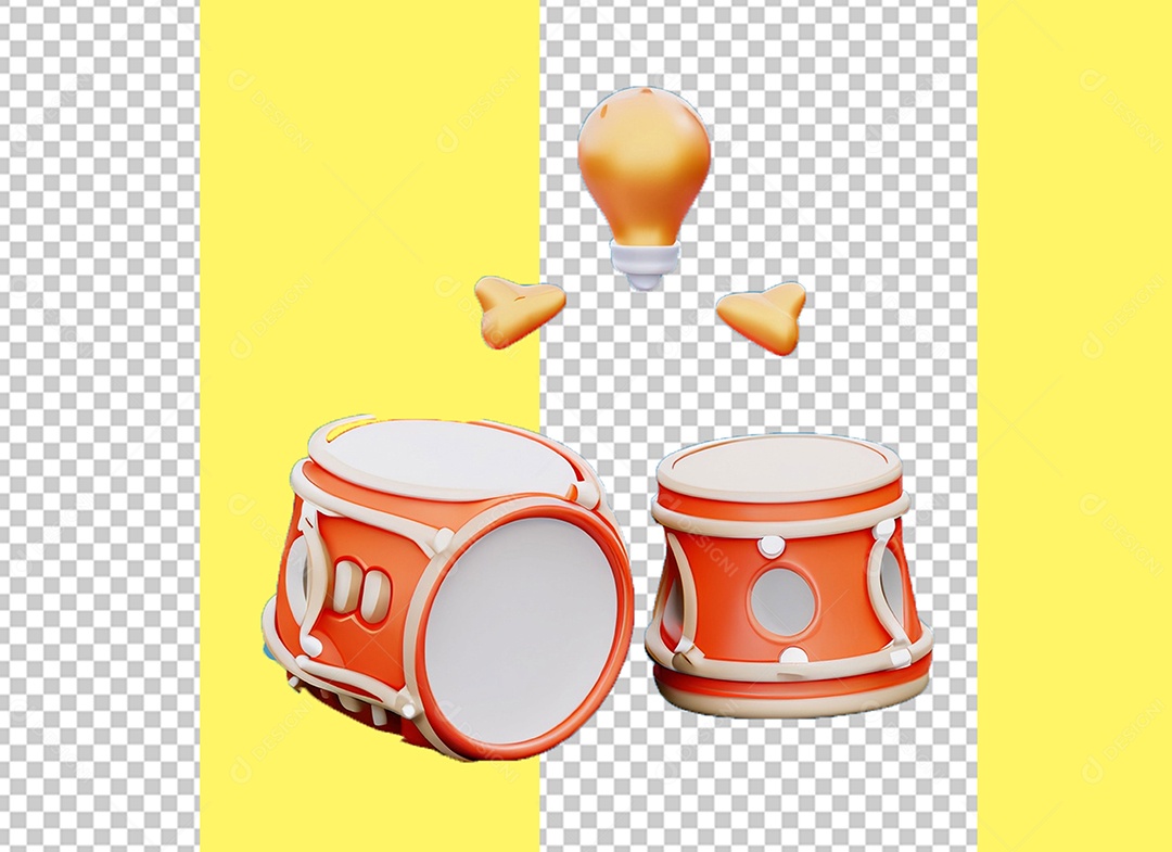 Elemento 3D Tambor Laranja e Branco para Composição PSD