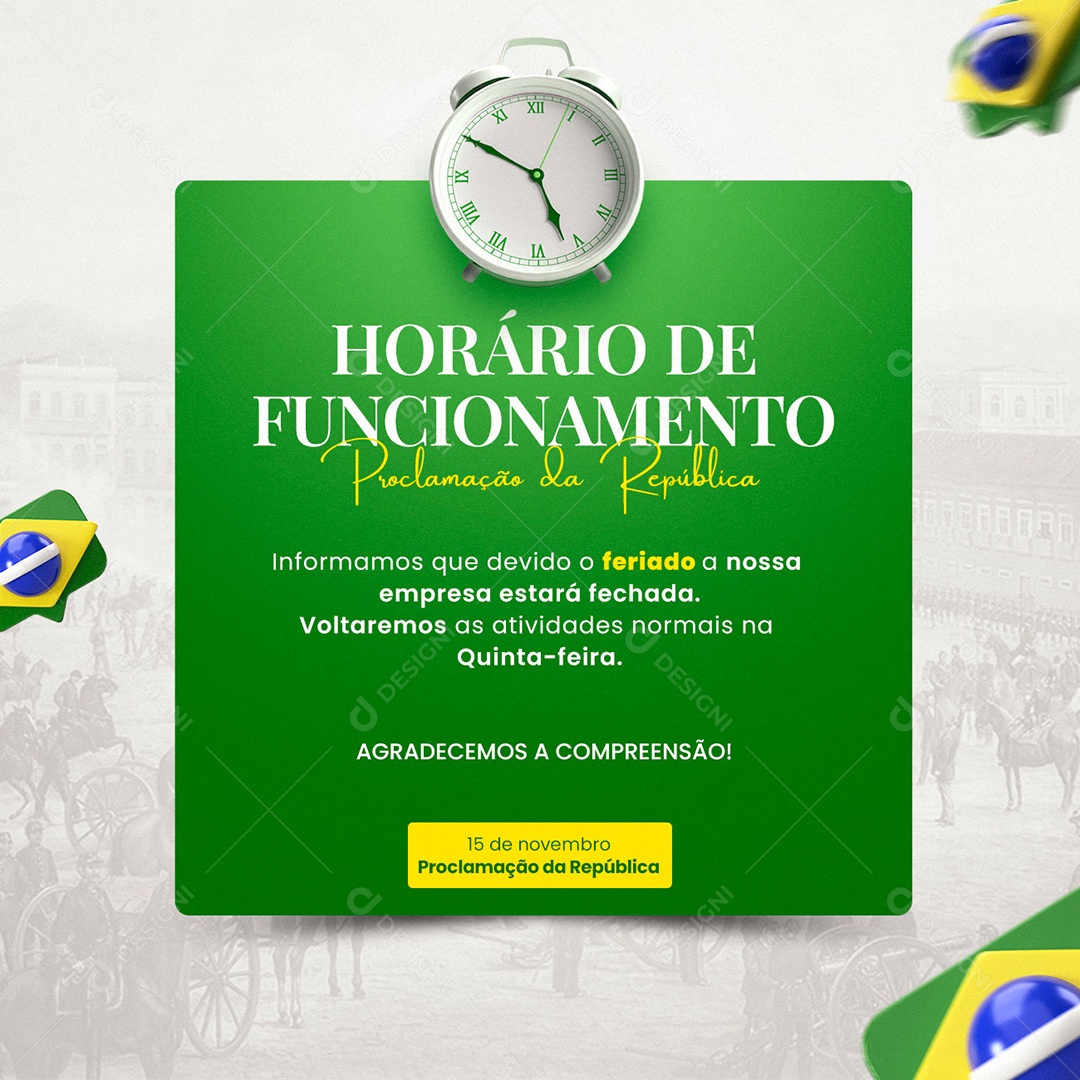 Republic Proclamation Day November 15th Due to the Holiday our Company Will Be Closed We Will Return on Thursday Social Media Editable PSD