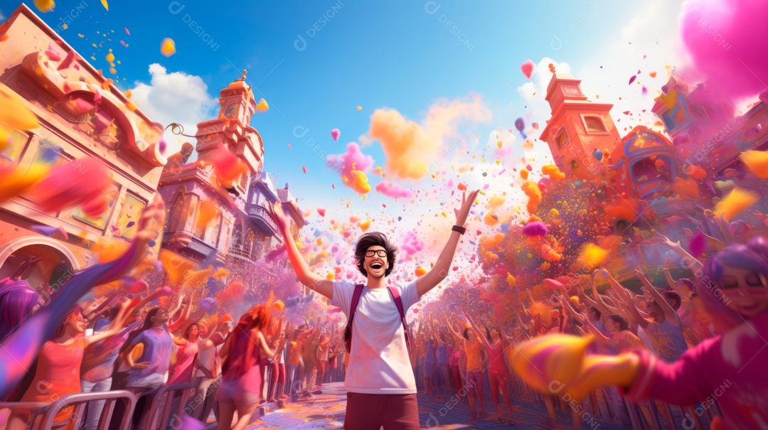 Festival Holi, 25 de março, desenho animado 3D IA generativa.