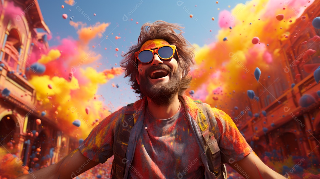 Festival Holi, 25 de março, desenho animado 3D IA generativa.