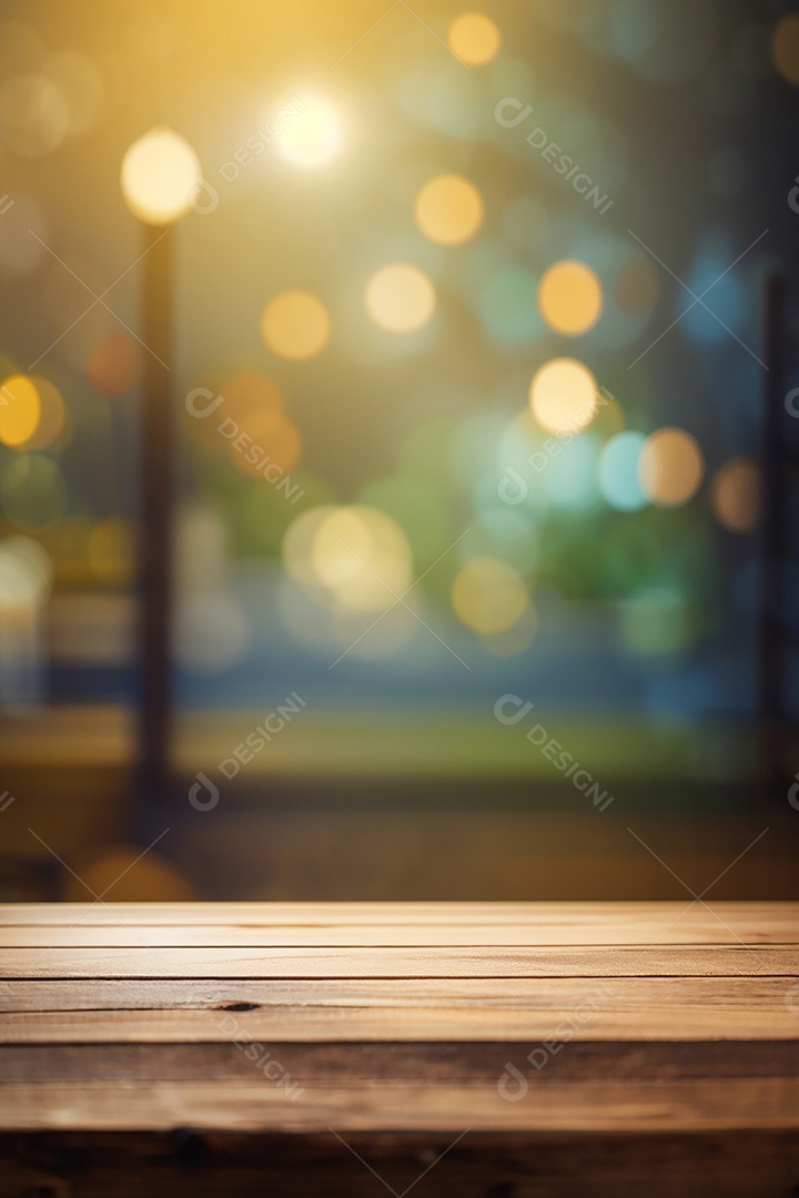 Mesa de madeira vazia fundo claro desfocado