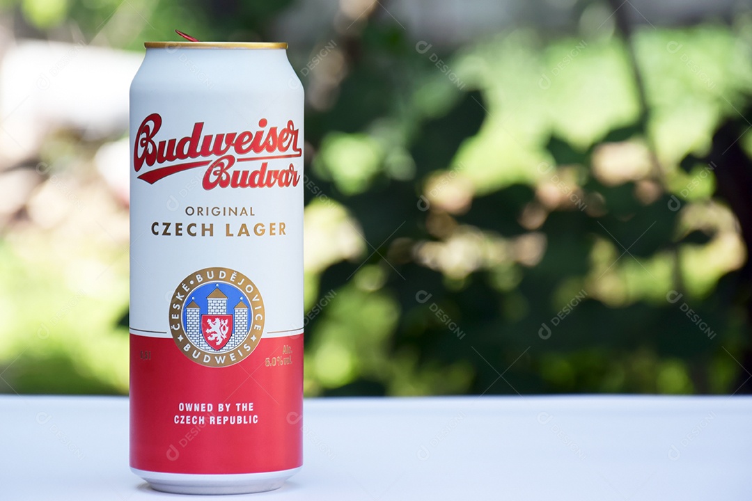 Uma lata de cerveja Budweiser em um fundo natural