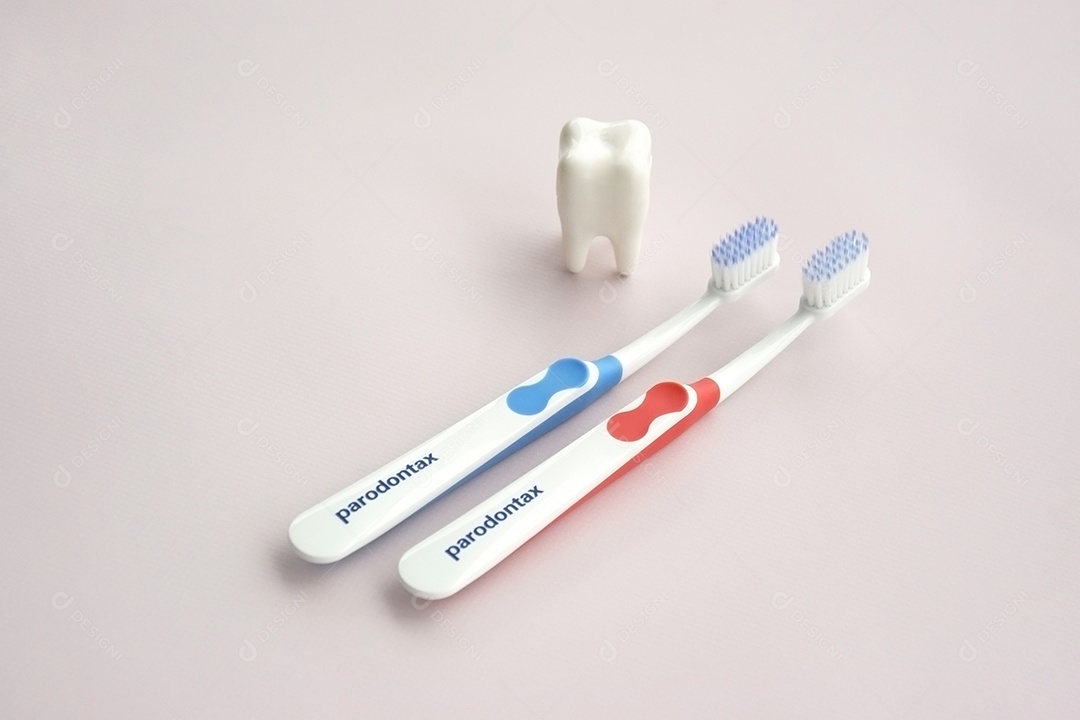 Escova de dente da Paradontax com uma pequena figura de dente sobre fundo claro
