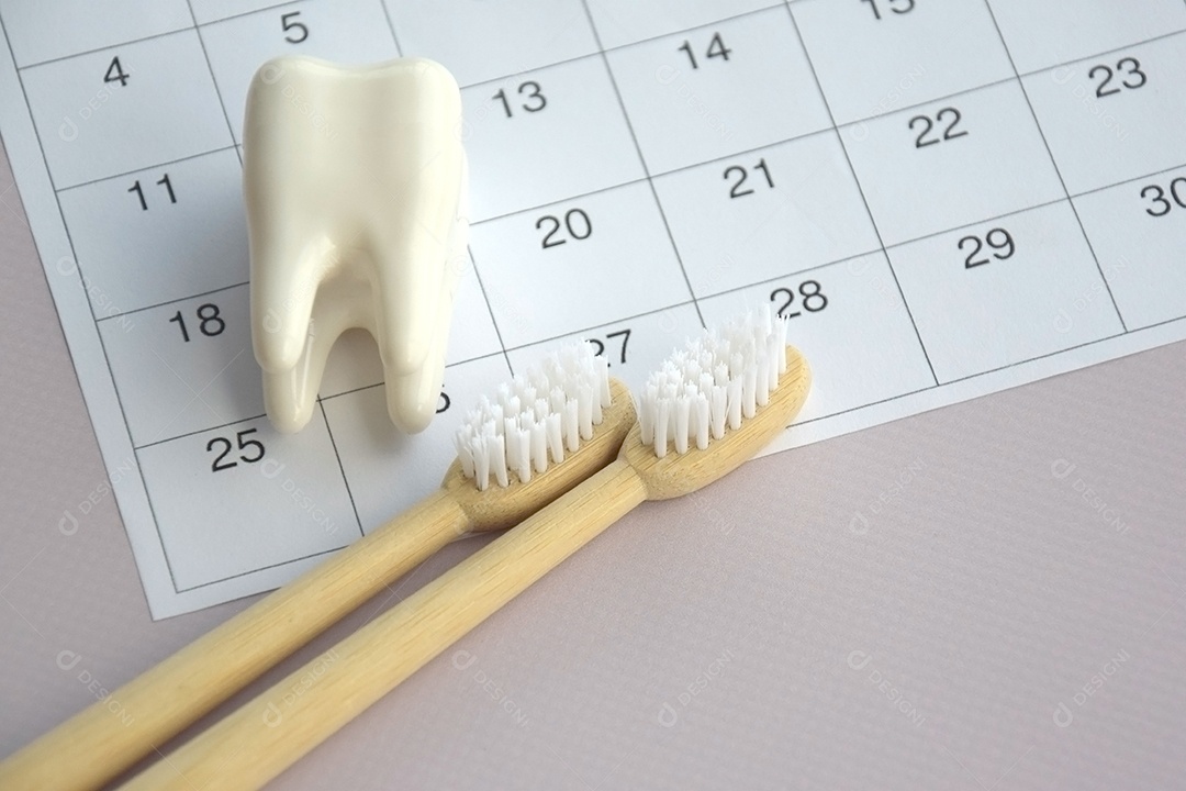 Escovas de dentes calendário e figura de dente conceito de saúde bucal