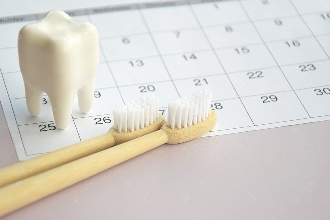 Escovas de dentes calendário e figura de dente conceito de saúde bucal