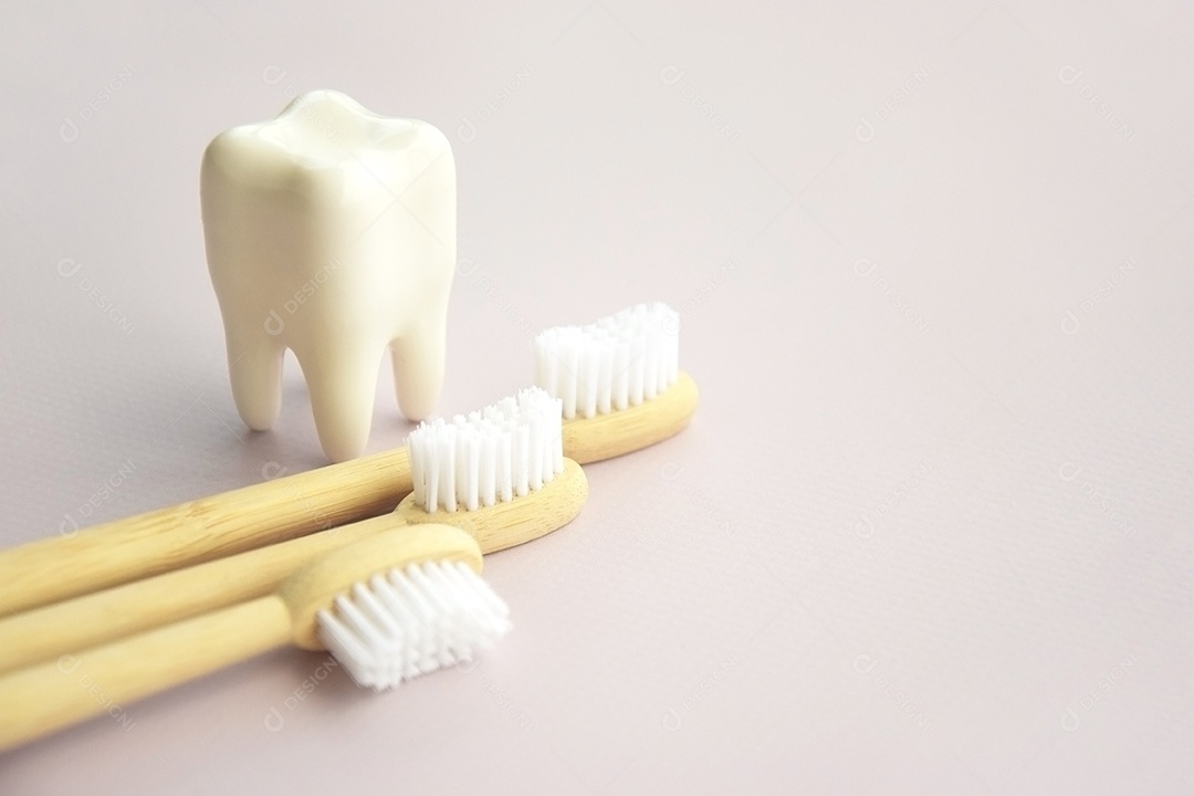 Figura de dente ao lado escovas de dentes conceito de saúde bucal