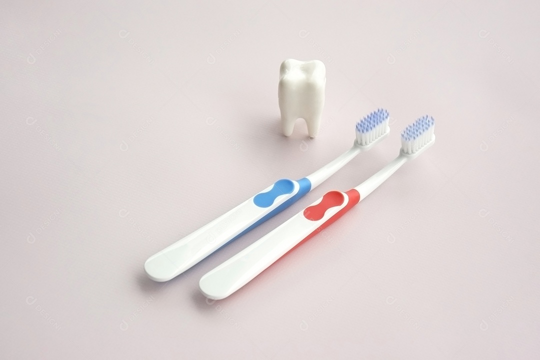 Duas escovas de dente com figura de dente ao lado conceito de saúde bucal