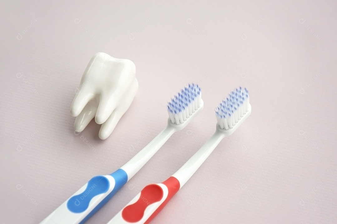 Duas escovas de dente com figura de dente ao lado conceito de saúde bucal