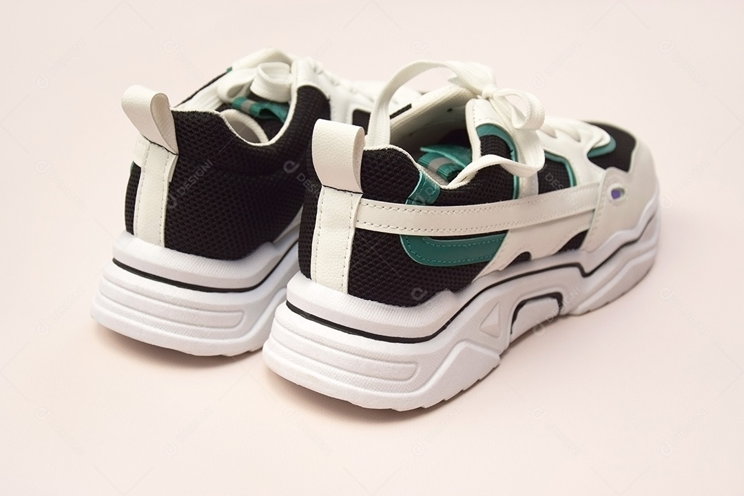 Tênis femininos brilhantes em fundo rosa claro conceito de blog ou revista de moda