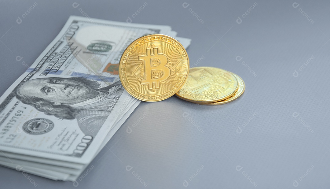 Dólar americano e moeda Bitcoin de dinheiro digital juntos