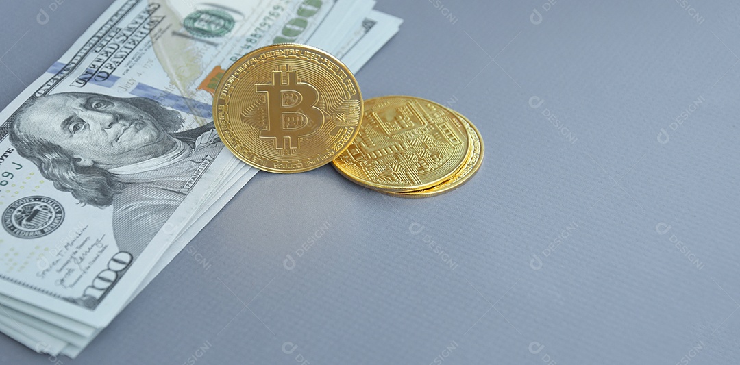 Dólar americano e moeda Bitcoin de dinheiro digital juntos