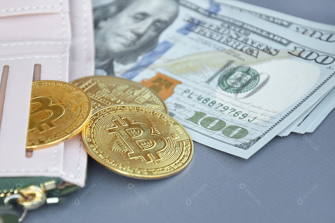 Carteira com moedas de bitcoin e notas em dólar