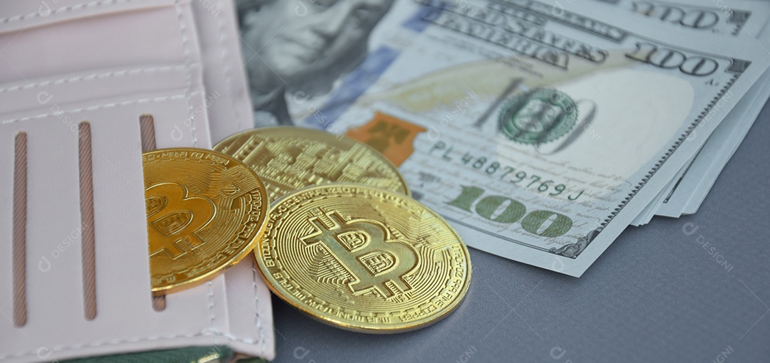 Carteira com moedas de bitcoin e notas em dólar