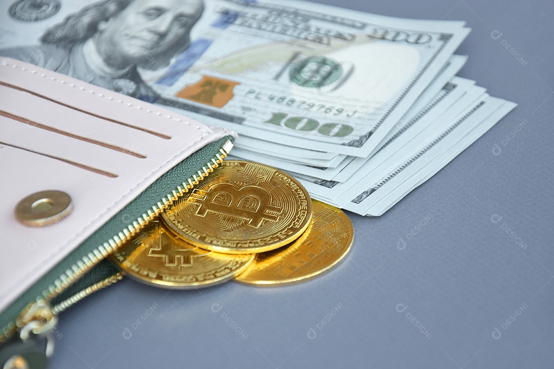 Carteira com moedas de bitcoin e notas em dólar