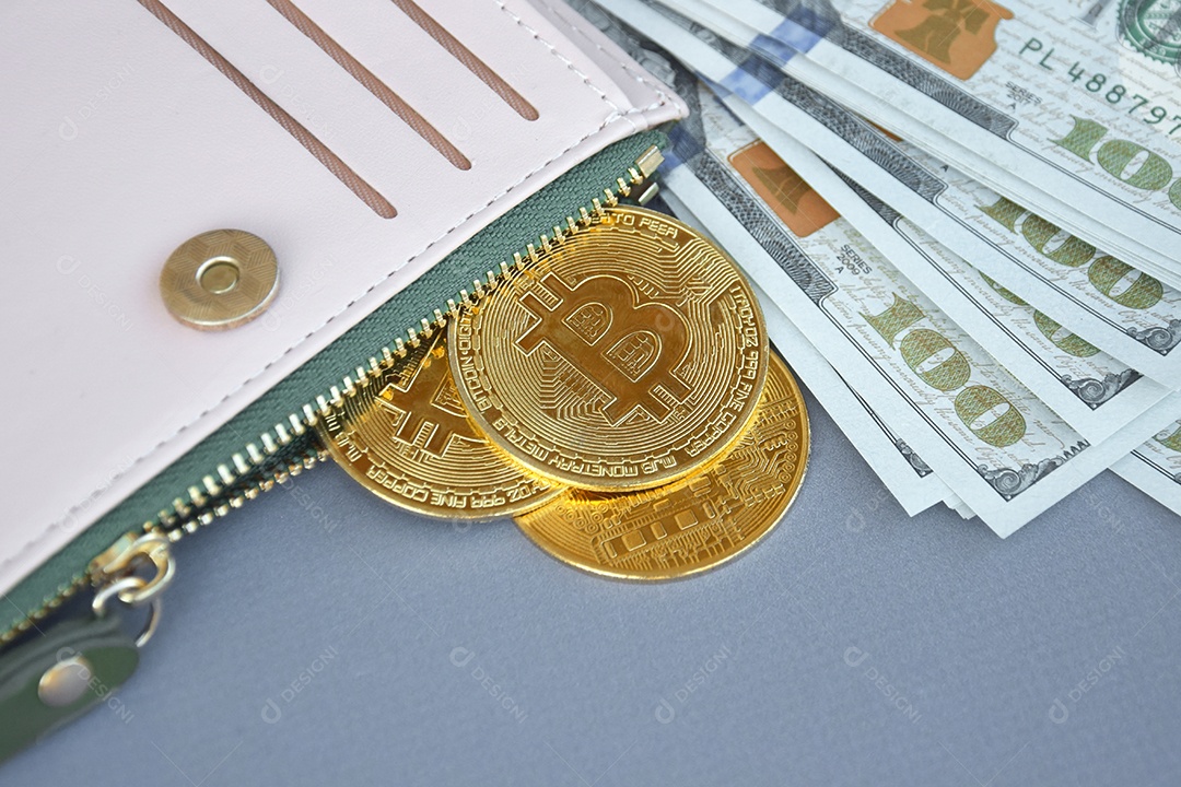 Carteira com moedas de bitcoin e notas em dólar