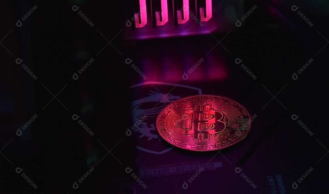 Dinheiro digital Bitcoin em uma placa de vídeo retro iluminada