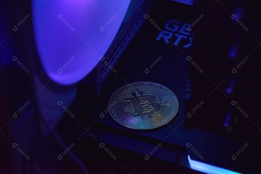 Dinheiro digital Bitcoin em uma placa de vídeo retro iluminada