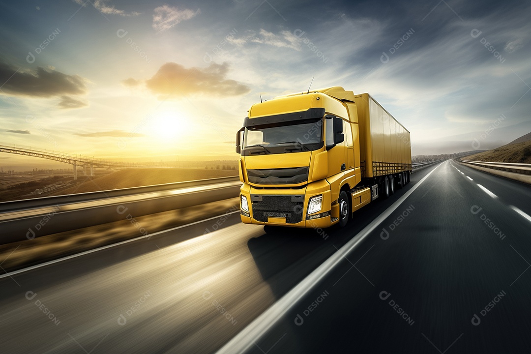 Um caminhão amarelo na estrada ao nascer do sol Generative IA