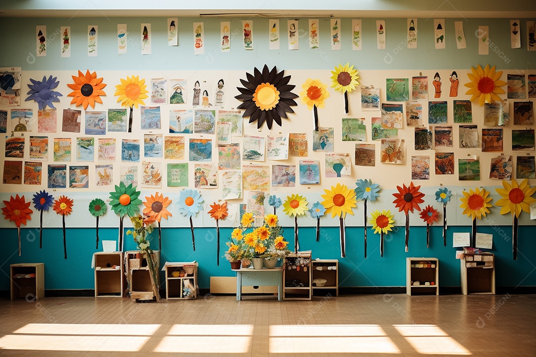 Aula de jardim de infância com desenhos infantis e girassóis feitos de papel Generative IA