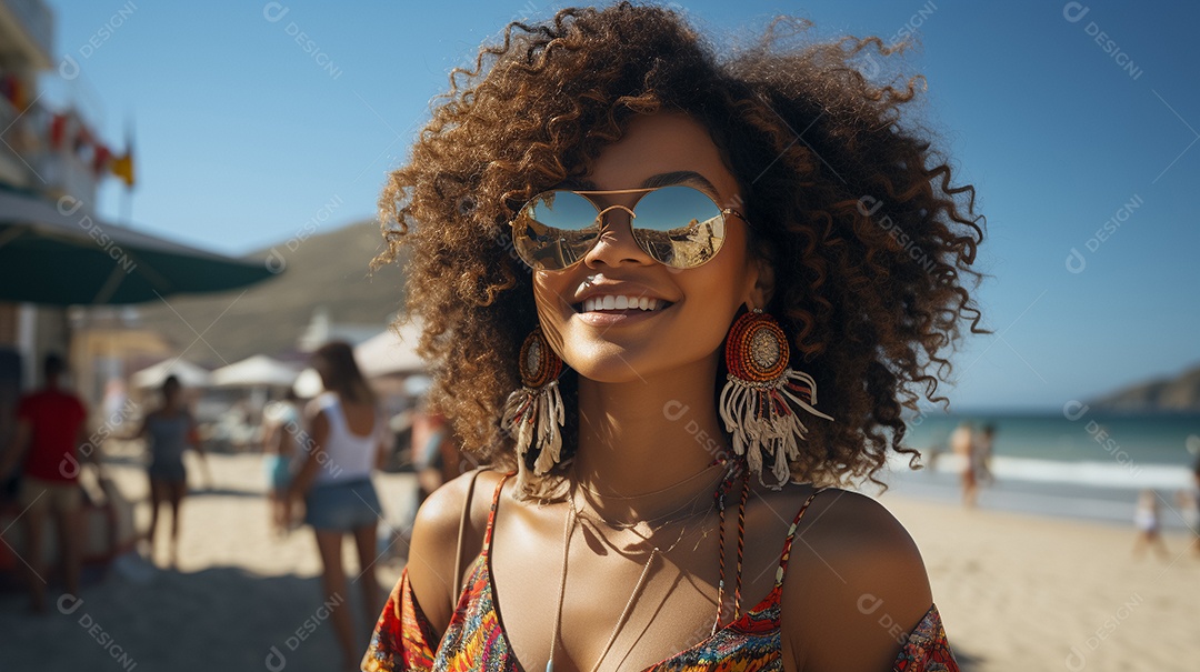 Retrato de uma mulher muito alegre com cabelo afro e óculos de sol na praia Generative AI