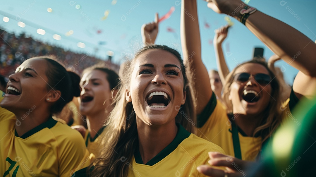 Mulheres vestindo a camiseta da seleção brasileira torcendo no estádio Generative AI