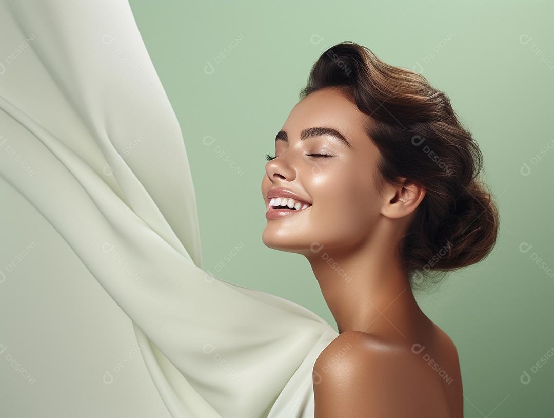 Jovem sorrindo de perfil em um fundo pastel com um tecido branco fluido Generative IA