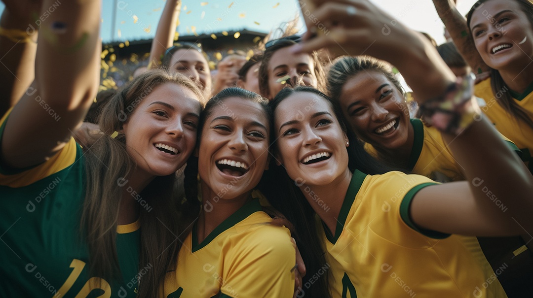 Mulheres vestindo a camiseta da seleção brasileira torcendo no estádio Generative AI