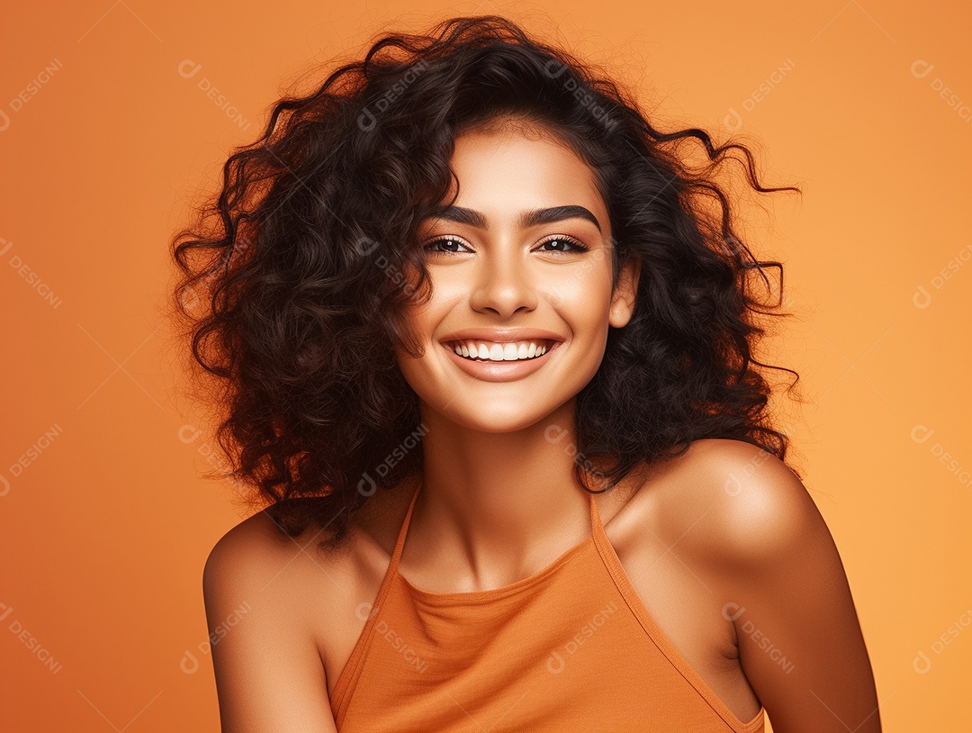 Jovem mulher de cabelos cacheados sorrindo em um fundo pastel Generative IA