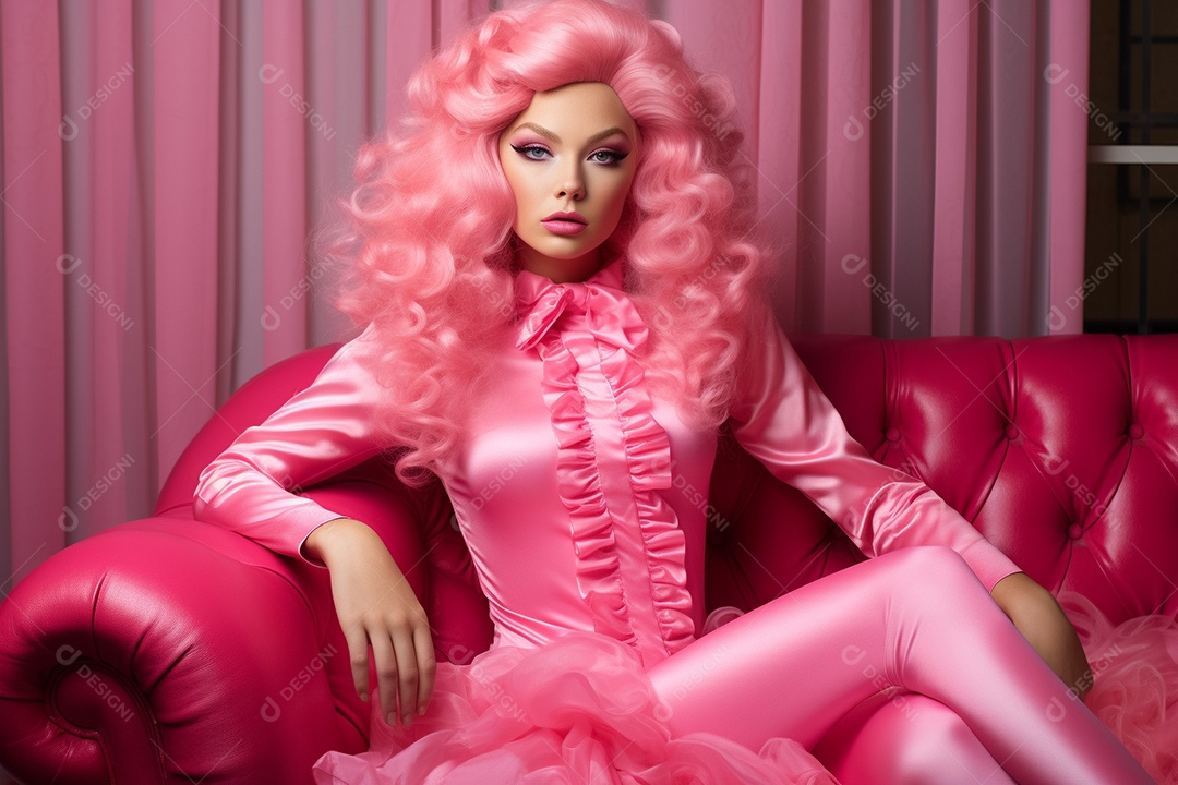 Menina com cabelo rosa e roupas sentadas em um sofá rosa em um fundo rosa IA generativa