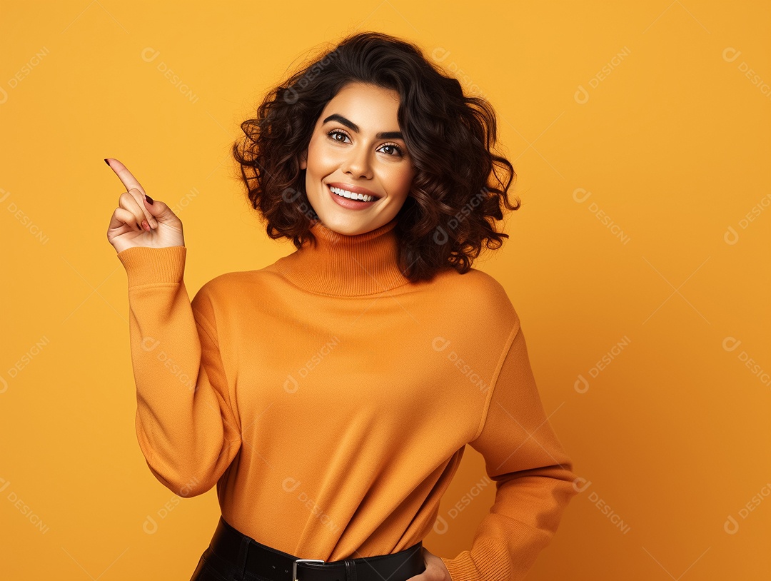 Mulher de cabelos cacheados sorrindo e apontando para um fundo laranja Generative IA