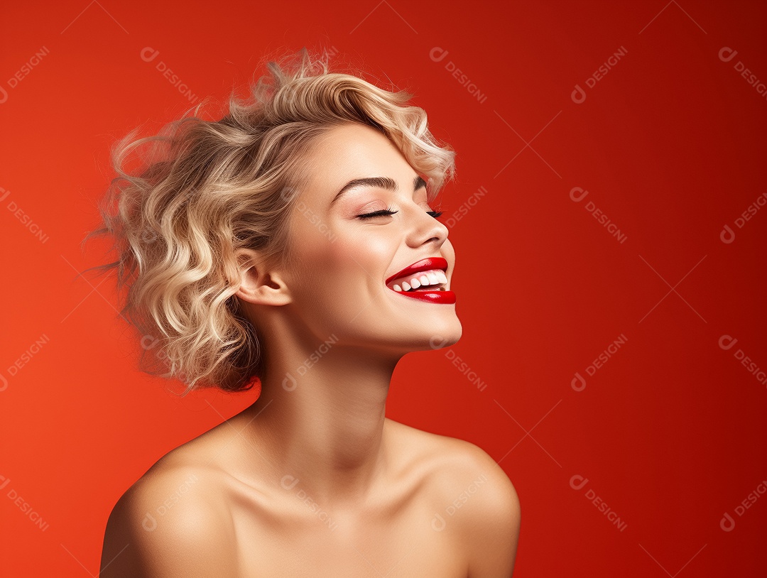 Linda mulher loira com batom vermelho sorrindo de perfil em um fundo vermelho Generative IA
