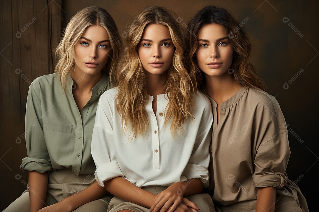 Três lindas jovens sentadas olhando para a câmera em um fundo escuro IA generativa