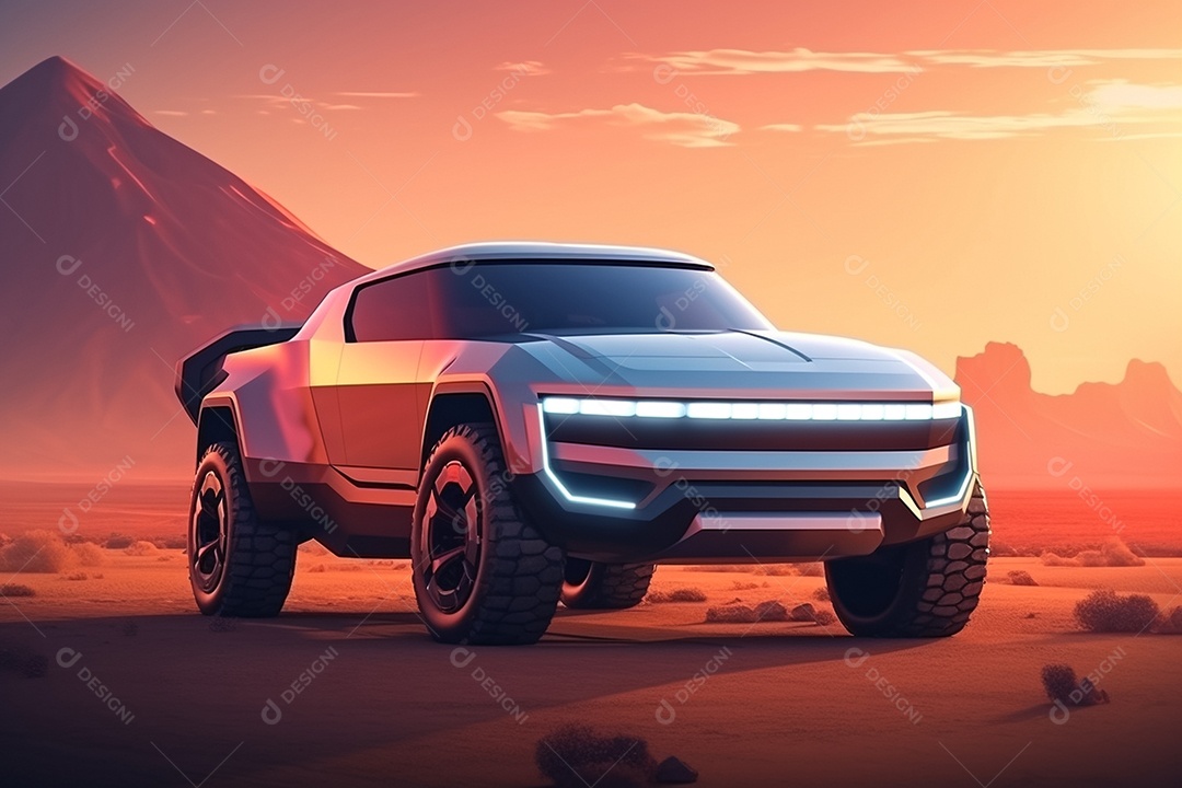Um carro futurista em uma paisagem desértica IA generativa