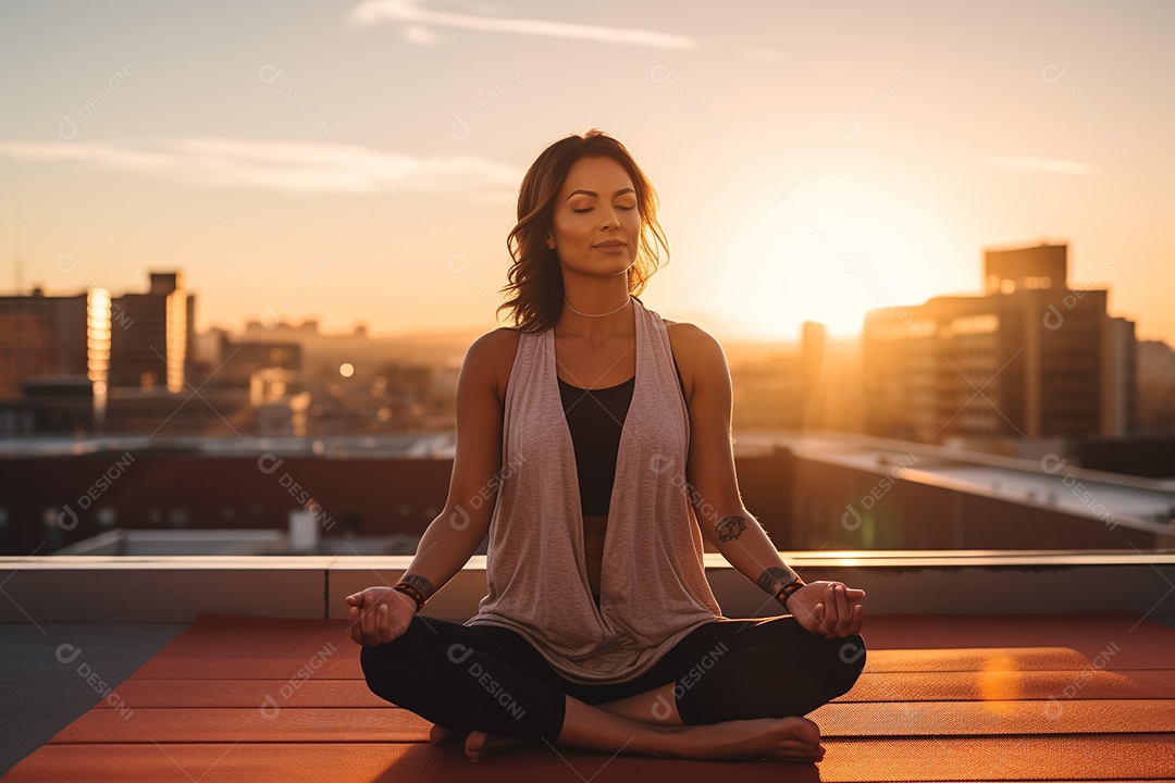 Mulher sentada no terraço meditando ao pôr do sol IA generativa